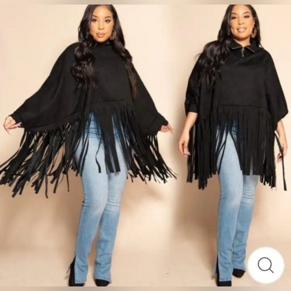 Sweaters - Black Fringed Poncho with Armholes